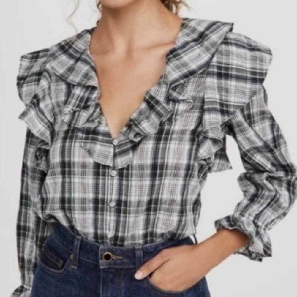 Veronica Beard Black and White Plaid Ruffle Blouse